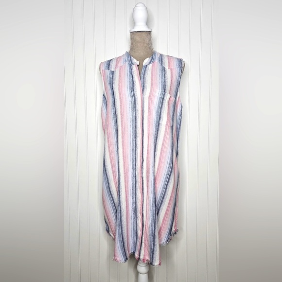 Cloth & Stone Sleeveless Button Down Shirt Dress Frayed Hem Size M Linen Blend - Picture 3 of 13
